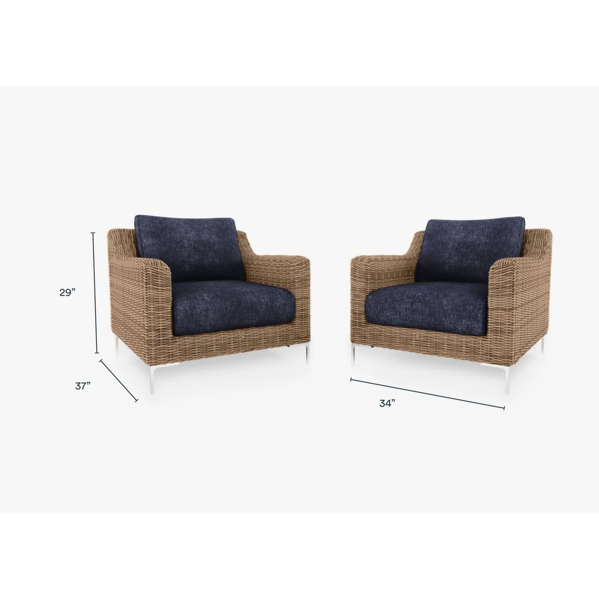 Live Outer 34" Brown Wicker Outdoor Armchair Conversation Set With Deep Sea Navy Cushion