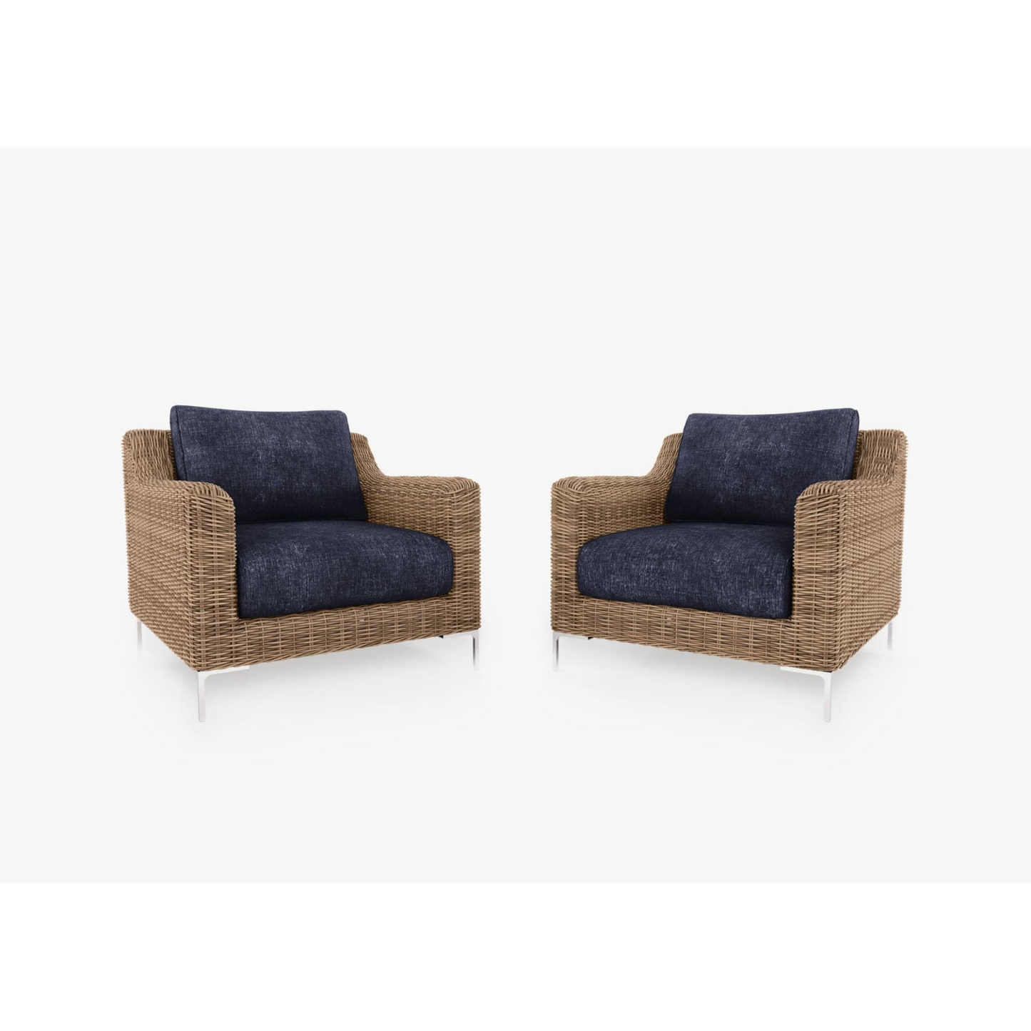 Live Outer 34" Brown Wicker Outdoor Armchair Conversation Set With Deep Sea Navy Cushion