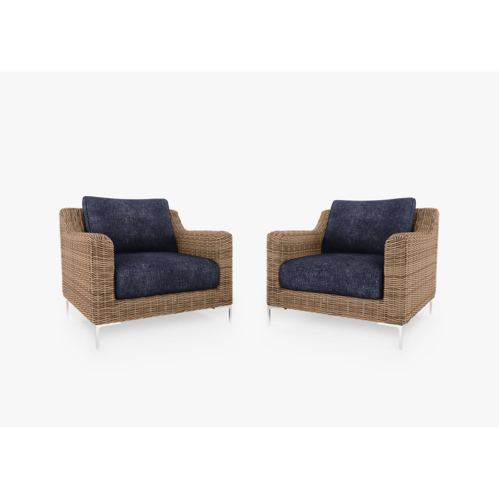 Live Outer 34" Brown Wicker Outdoor Armchair Conversation Set With Deep Sea Navy Cushion