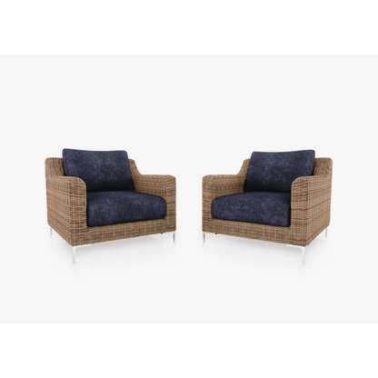 Live Outer 34" Brown Wicker Outdoor Armchair Conversation Set With Deep Sea Navy Cushion