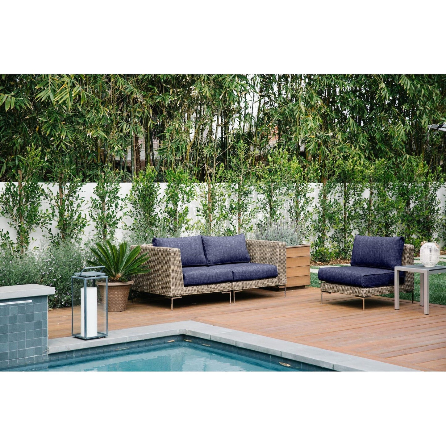 Live Outer 37" Brown Wicker Outdoor Left/Right Corner Chair With Deep Sea Navy Cushion