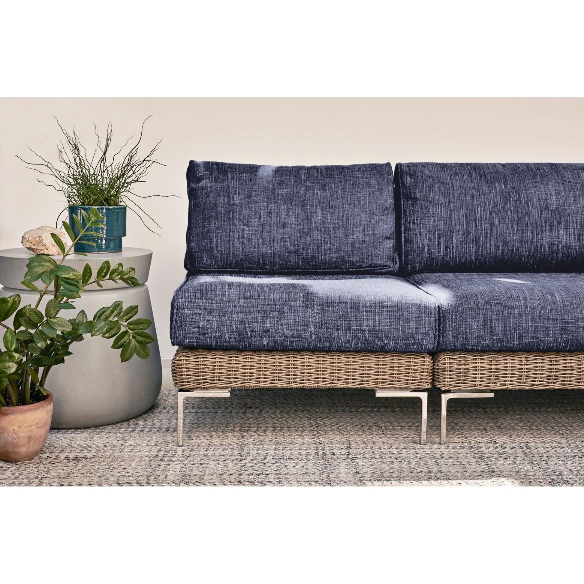 Live Outer 37" Brown Wicker Outdoor Left/Right Corner Chair With Deep Sea Navy Cushion