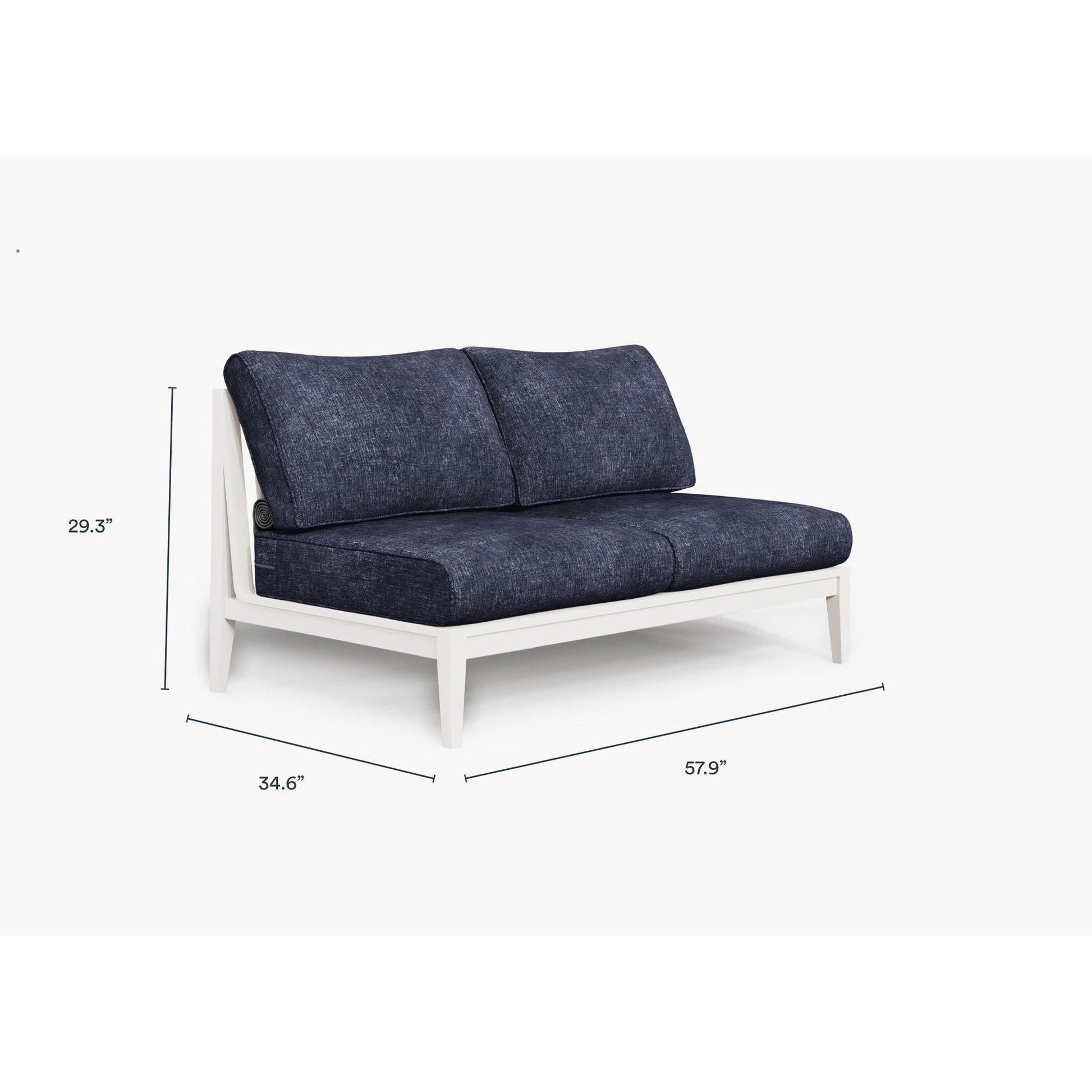 Live Outer 58" White Aluminum Outdoor Armless Loveseat With Deep Sea Navy Cushion