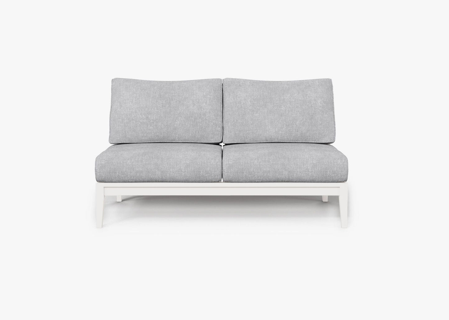 Live Outer 58" White Aluminum Outdoor Armless Loveseat With Pacific Fog Gray Cushion