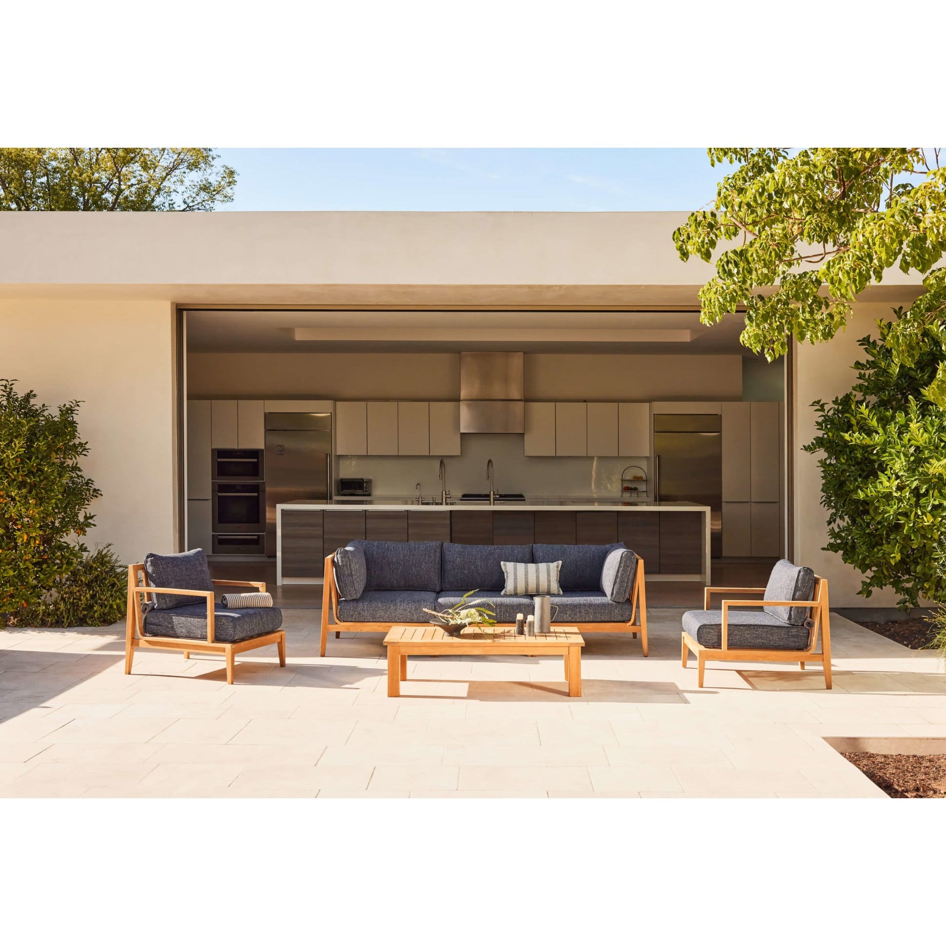 Live Outer 69" Teak Outdoor Loveseat With Armchairs and Deep Sea Navy Cushion (4-Seat)