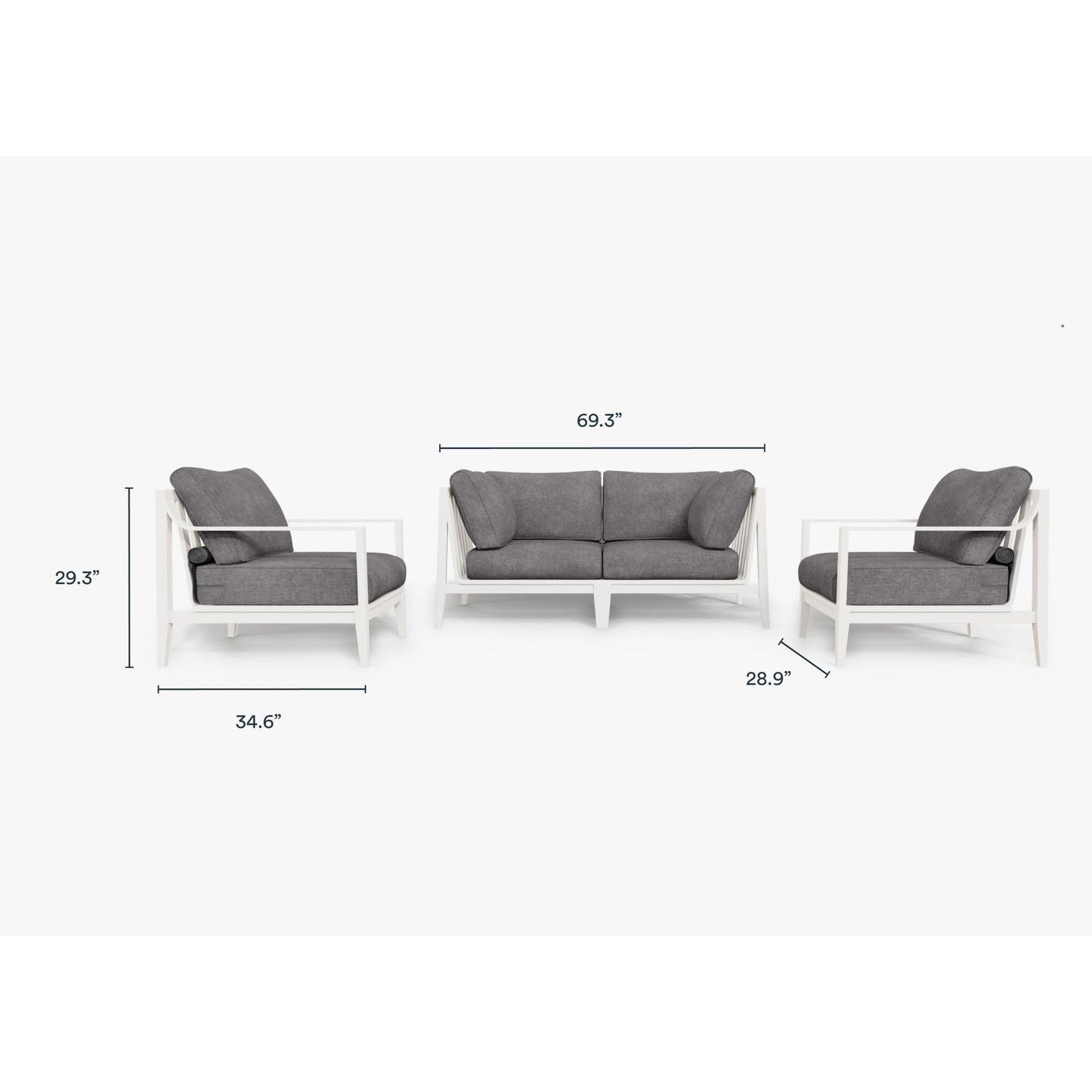 Live Outer 69" White Aluminum Outdoor Loveseat With Armchairs & Dark Pebble Gray Cushion (4-Seat)