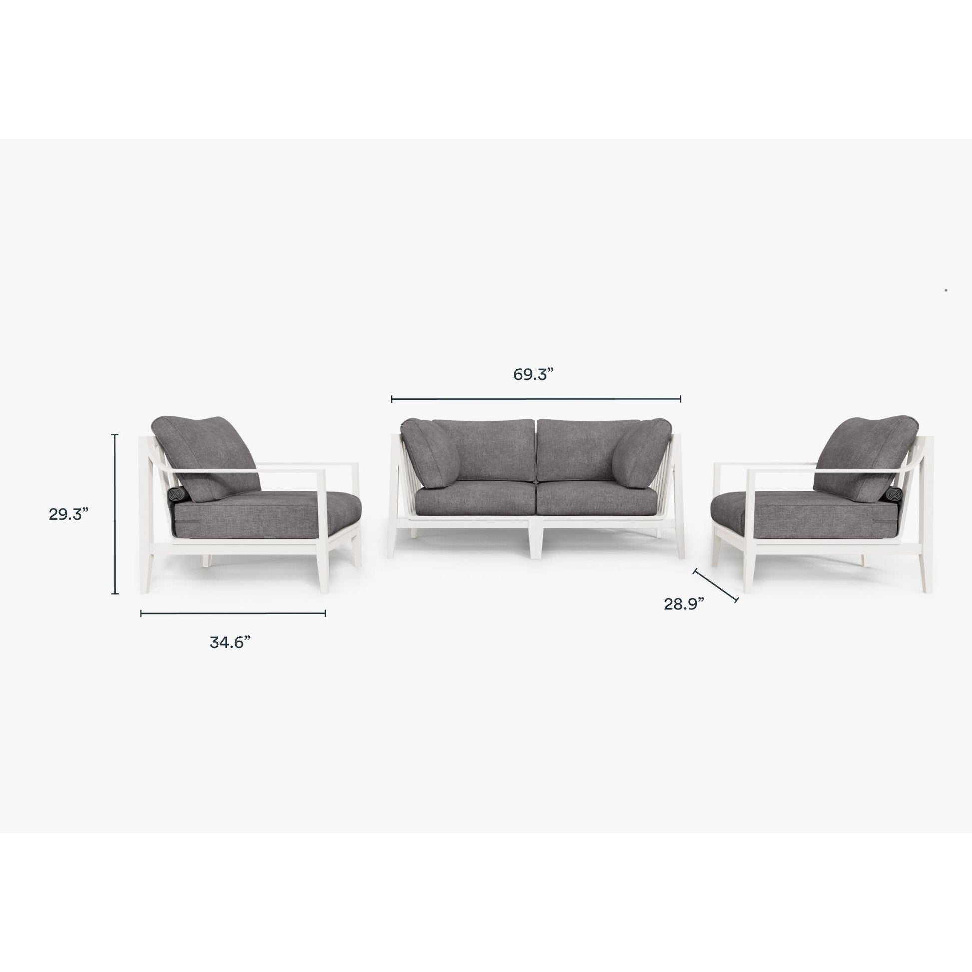 Live Outer 69" White Aluminum Outdoor Loveseat With Armchairs & Dark Pebble Gray Cushion (4-Seat)