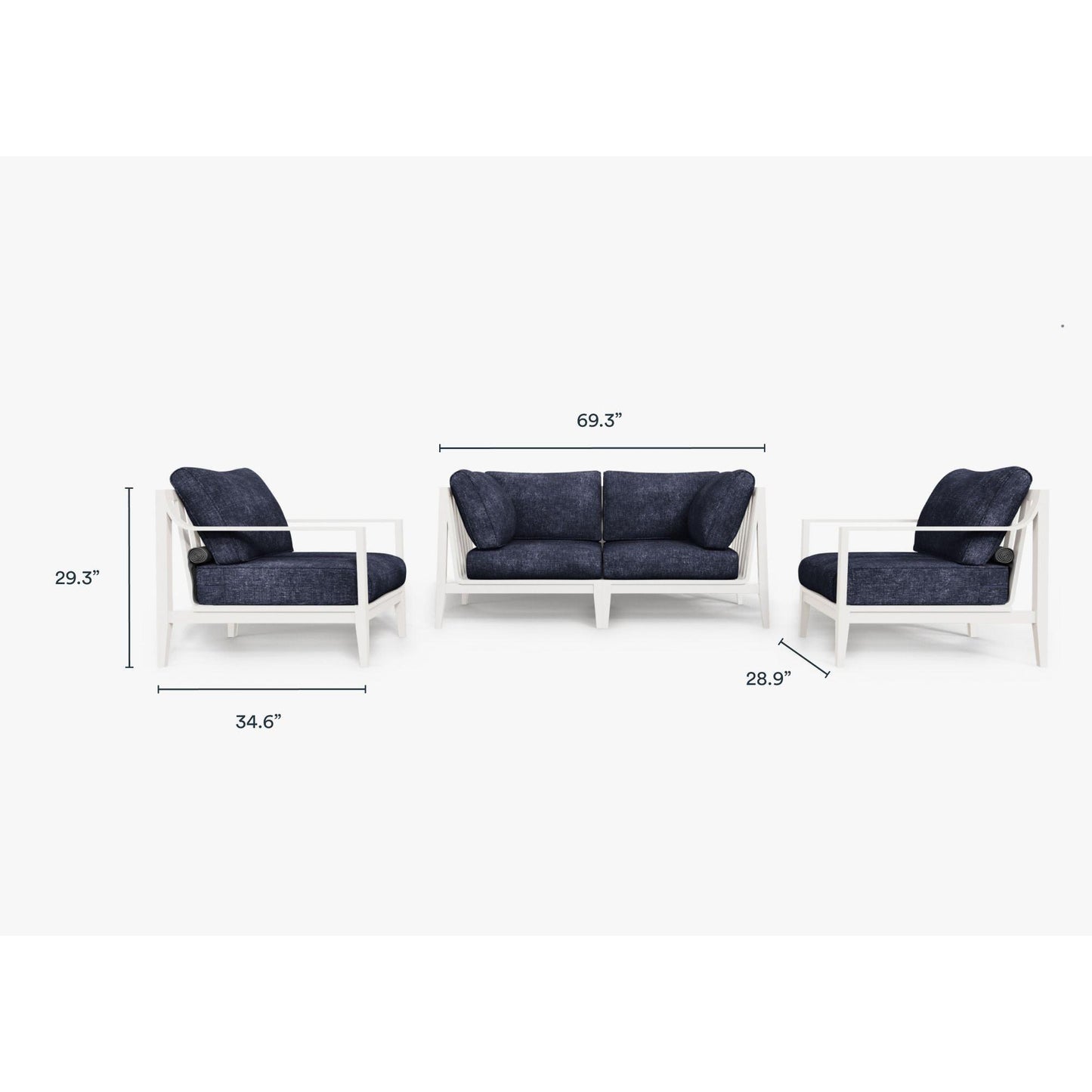Live Outer 69" White Aluminum Outdoor Loveseat With Armchairs & Deep Sea Navy Cushion (4-Seat)