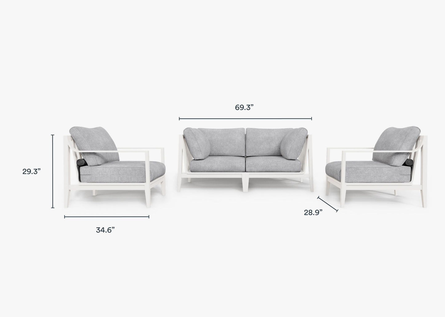 Live Outer 69" White Aluminum Outdoor Loveseat With Armchairs & Pacific Fog Gray Cushion (4-Seat)