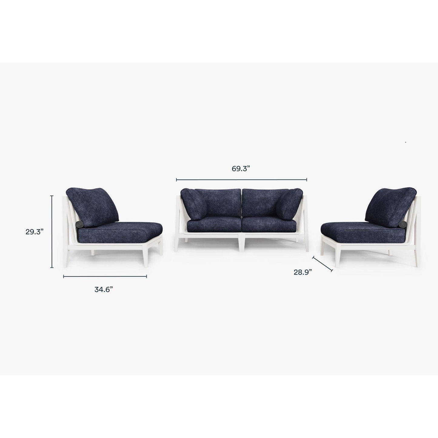 Live Outer 69" White Aluminum Outdoor Loveseat With Armless Chairs & Deep Sea Navy Cushion (4-Seat)
