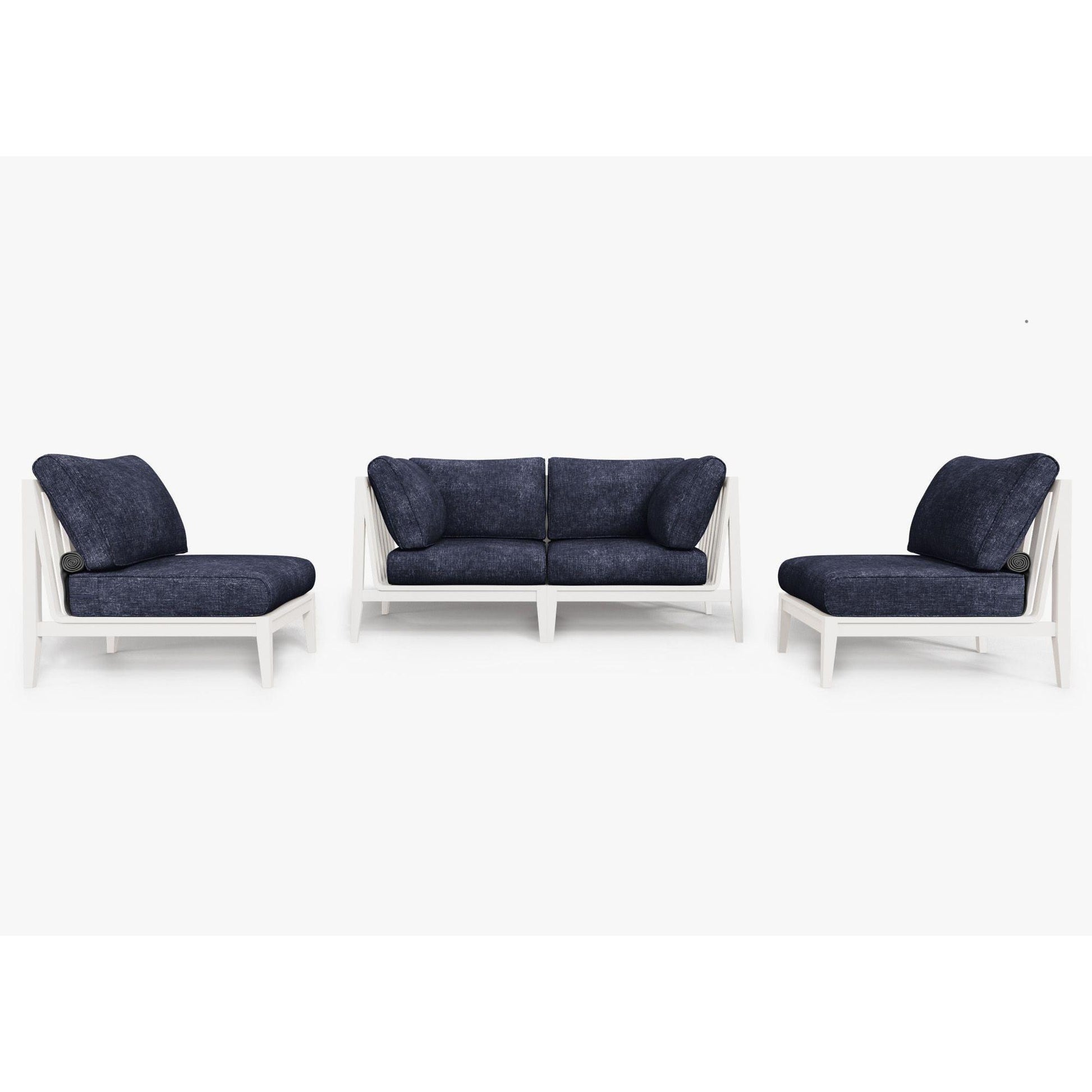 Live Outer 69" White Aluminum Outdoor Loveseat With Armless Chairs & Deep Sea Navy Cushion (4-Seat)