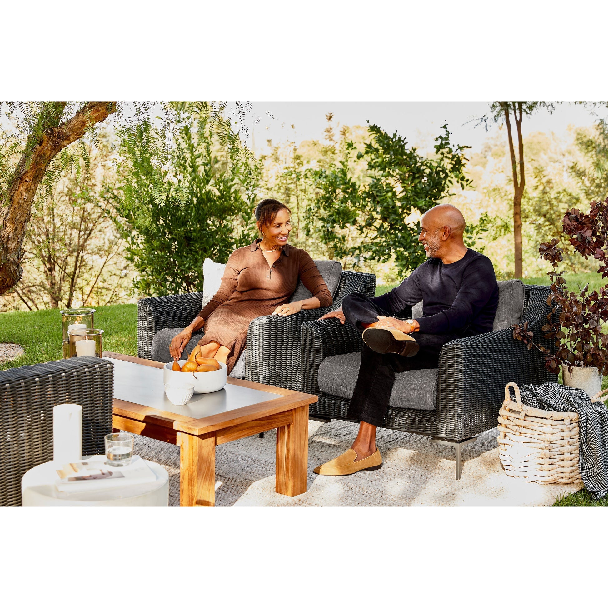 Live Outer 74" Black Wicker Outdoor Loveseat With Armless Chairs & Dark Pebble Gray Cushion (4-Seat)