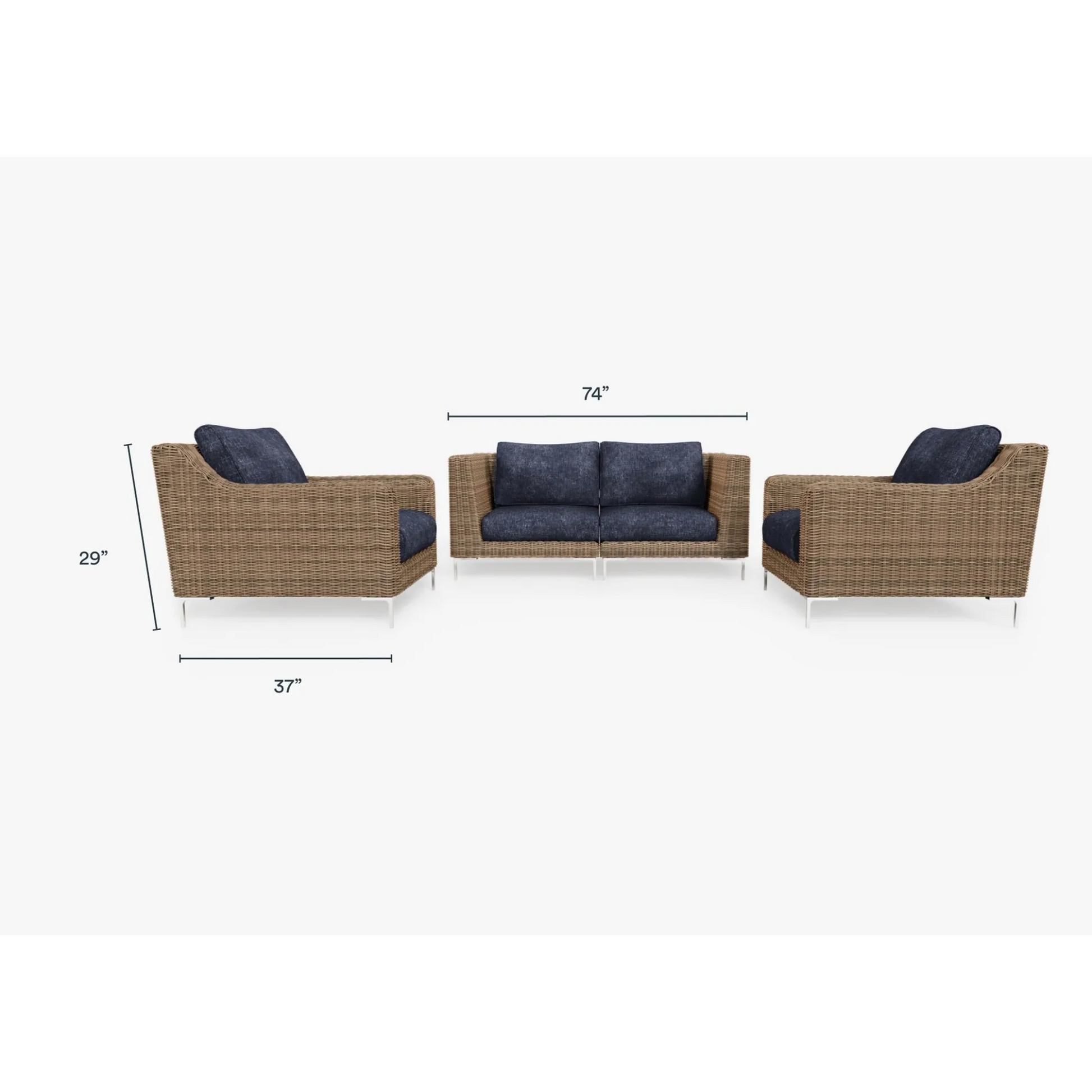 Live Outer 74" Brown Wicker Outdoor Loveseat With Armchairs & Deep Sea Navy Cushion (4-Seat)