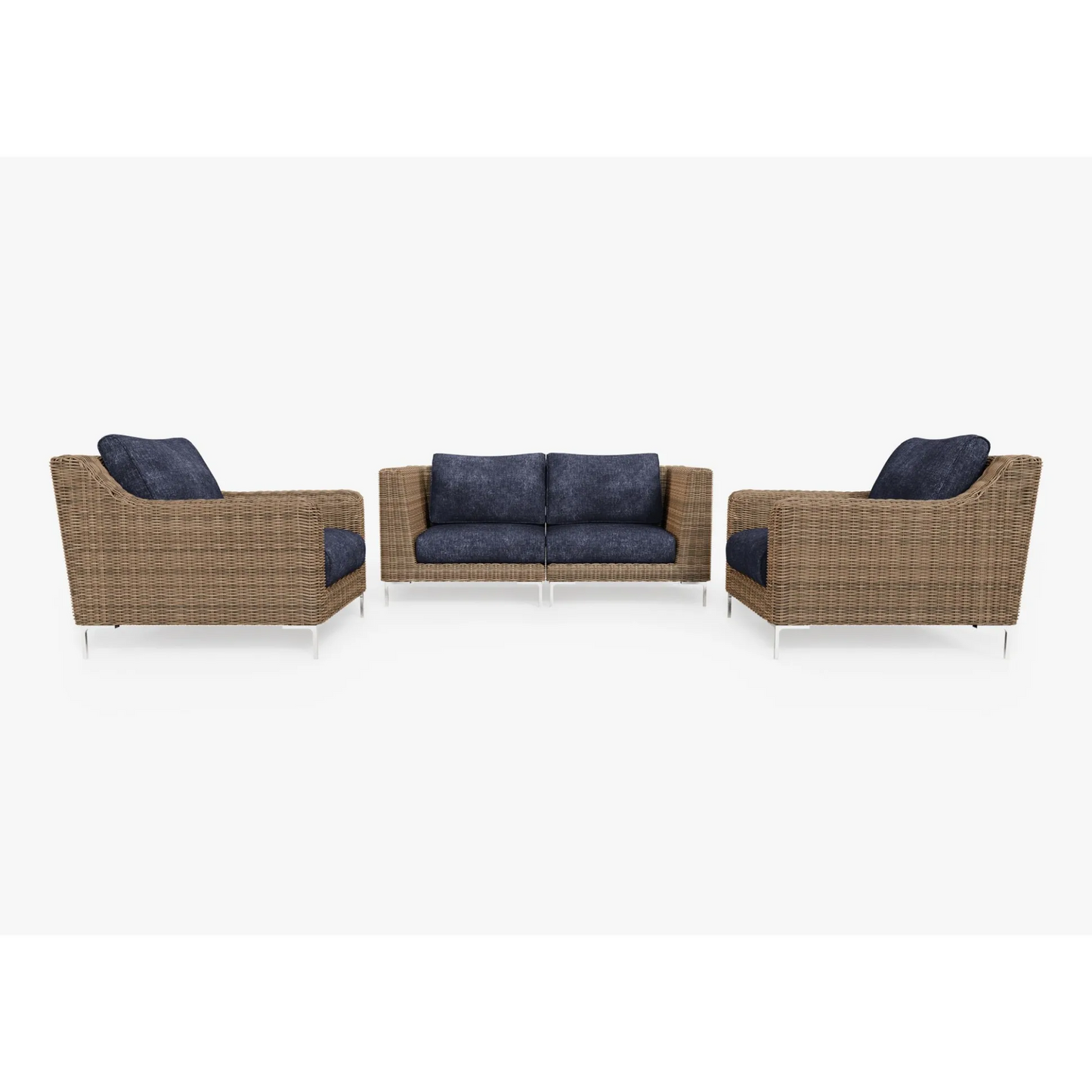 Live Outer 74" Brown Wicker Outdoor Loveseat With Armchairs & Deep Sea Navy Cushion (4-Seat)