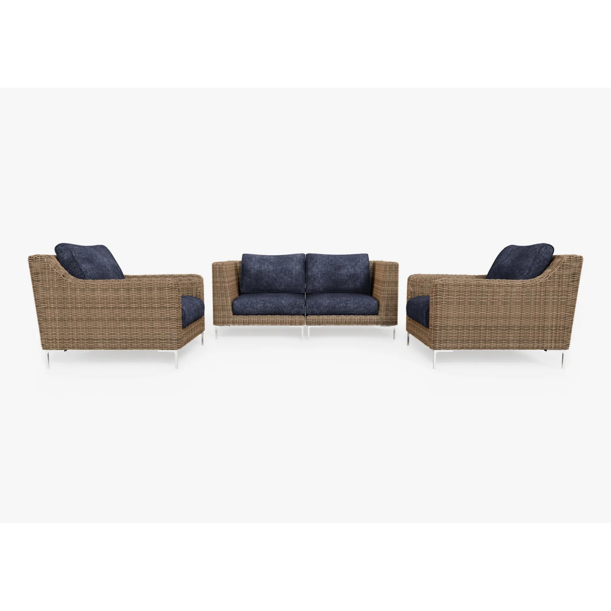 Live Outer 74" Brown Wicker Outdoor Loveseat With Armchairs & Deep Sea Navy Cushion (4-Seat)
