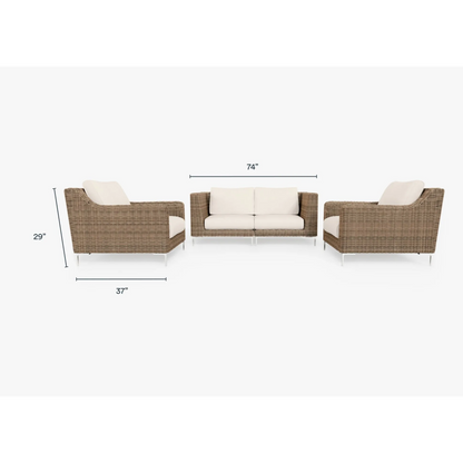 Live Outer 74" Brown Wicker Outdoor Loveseat With Armchairs & Palisades Cream Cushion (4-Seat)