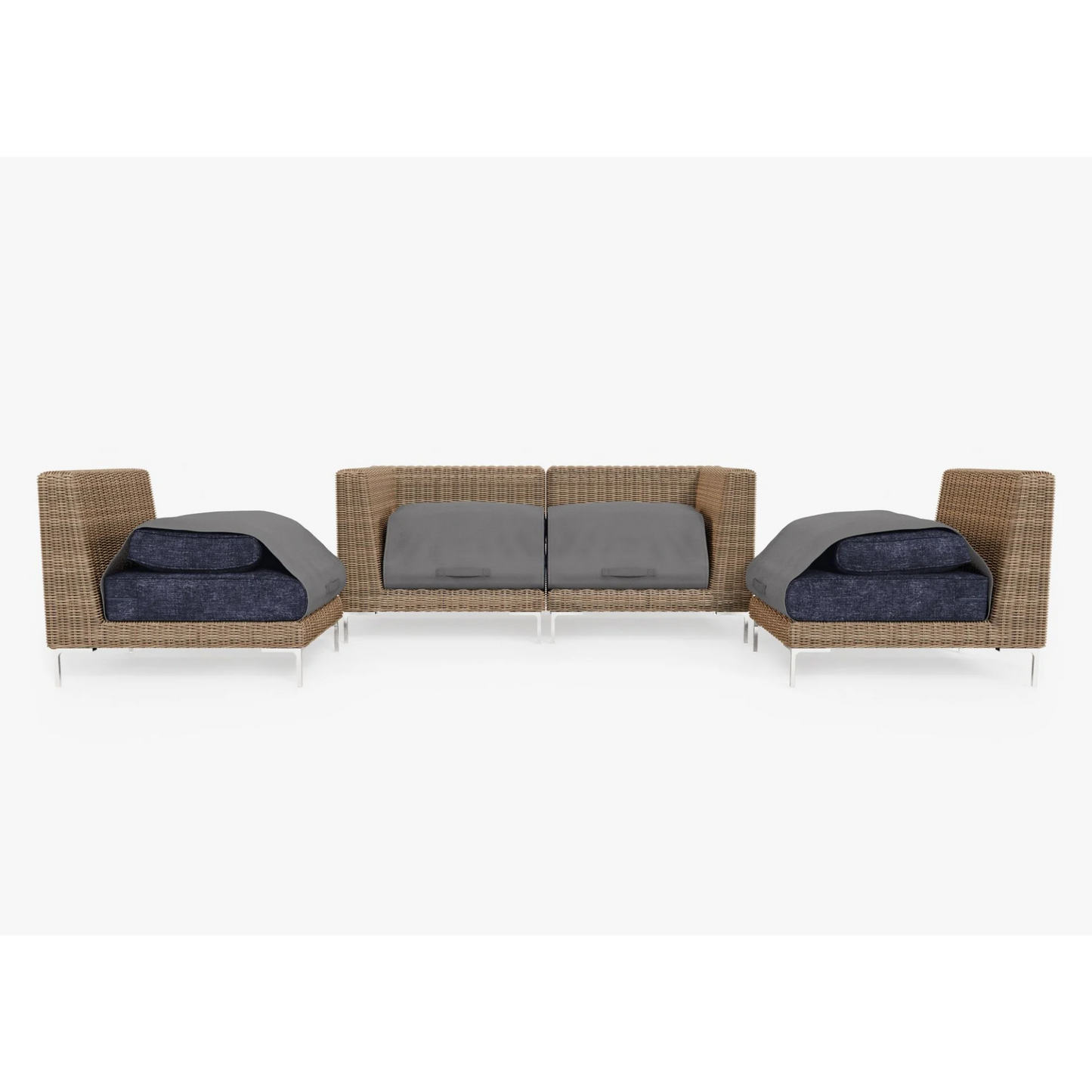 Live Outer 74" Brown Wicker Outdoor Loveseat With Armless Chairs & Deep Sea Navy Cushion (4-Seat)