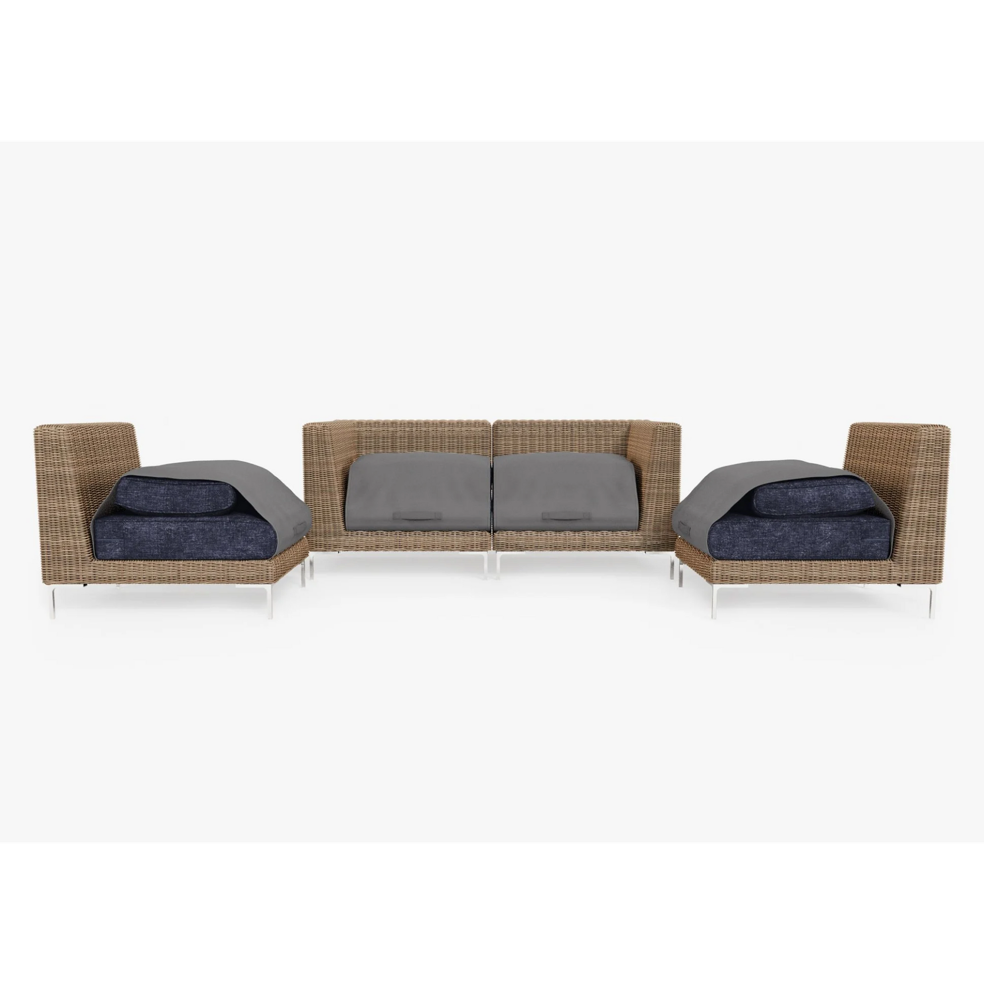 Live Outer 74" Brown Wicker Outdoor Loveseat With Armless Chairs & Deep Sea Navy Cushion (4-Seat)