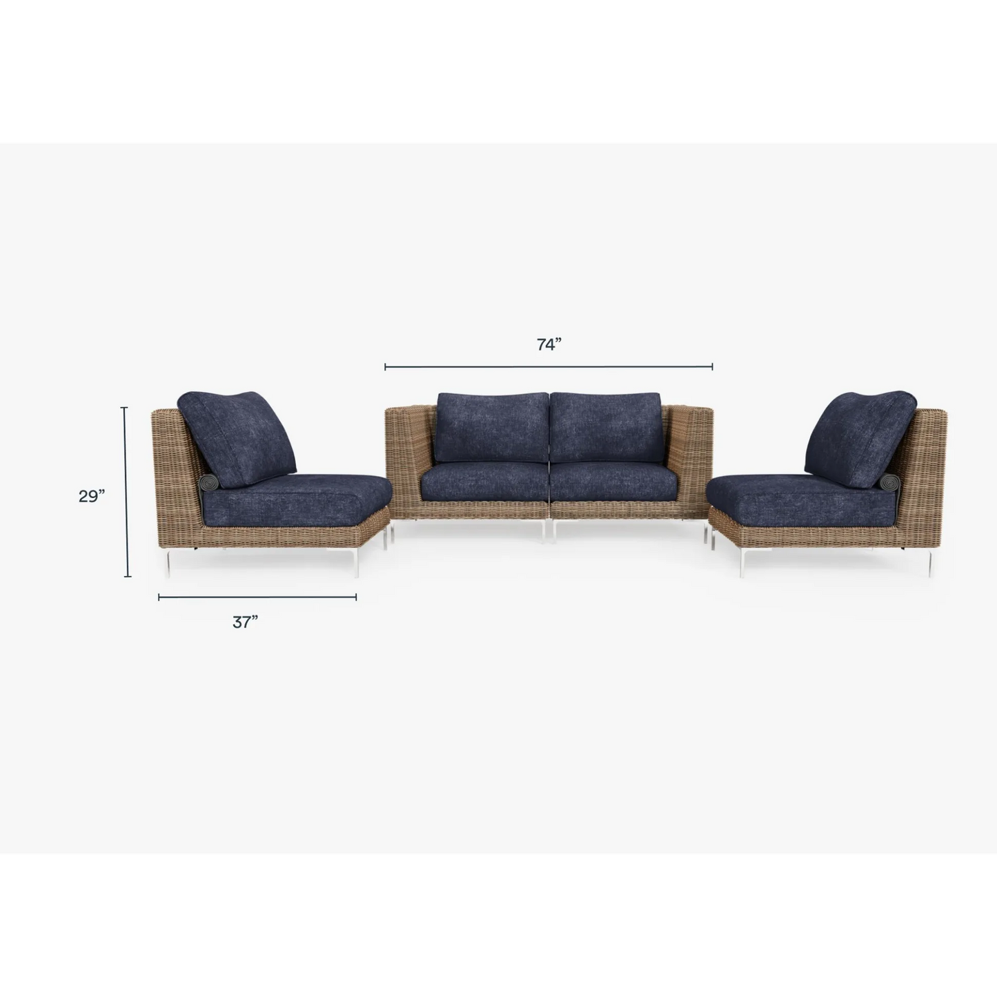 Live Outer 74" Brown Wicker Outdoor Loveseat With Armless Chairs & Deep Sea Navy Cushion (4-Seat)