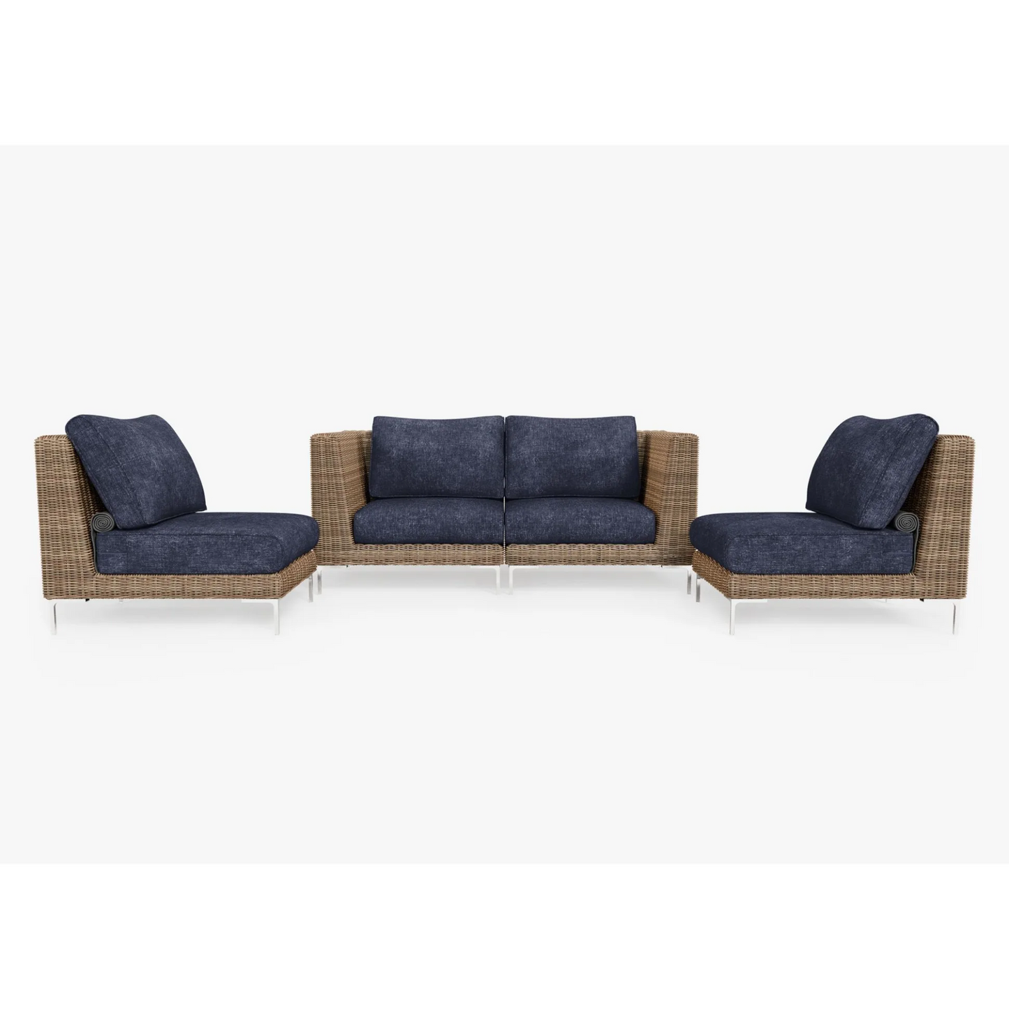 Live Outer 74" Brown Wicker Outdoor Loveseat With Armless Chairs & Deep Sea Navy Cushion (4-Seat)
