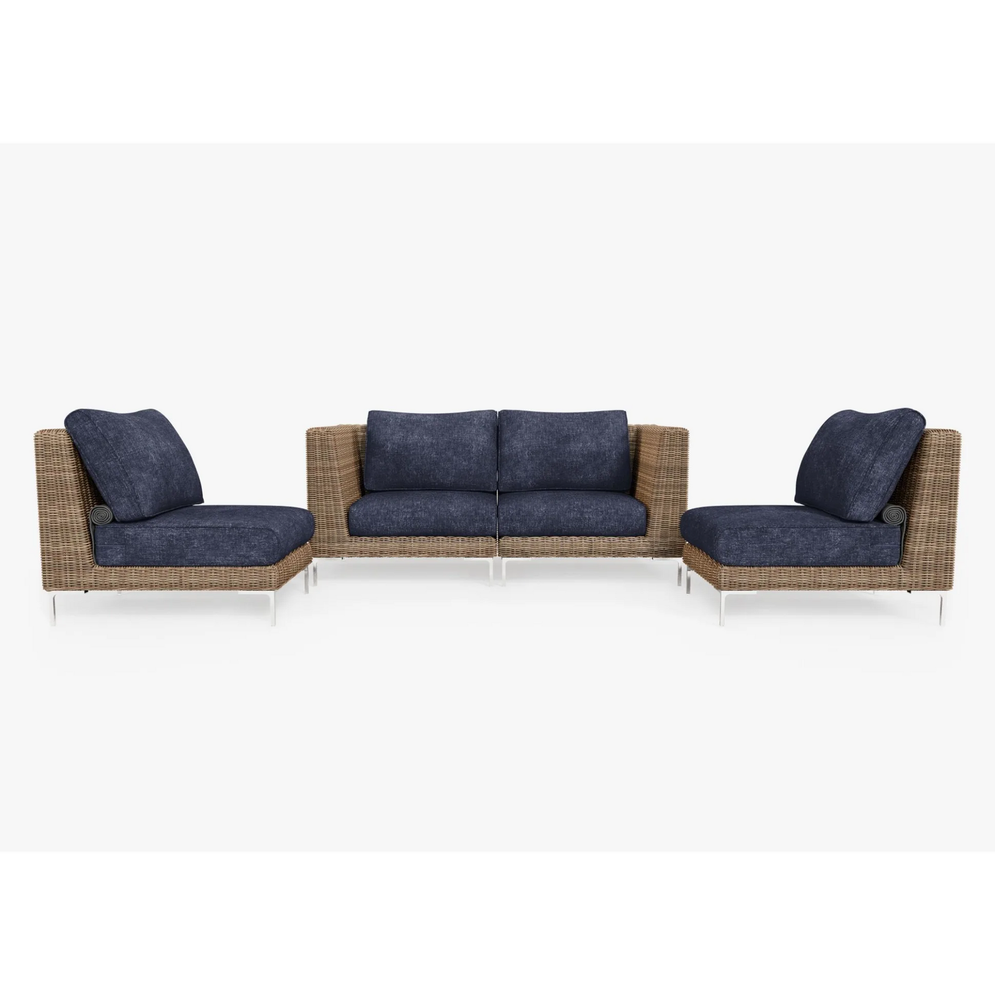 Live Outer 74" Brown Wicker Outdoor Loveseat With Armless Chairs & Deep Sea Navy Cushion (4-Seat)