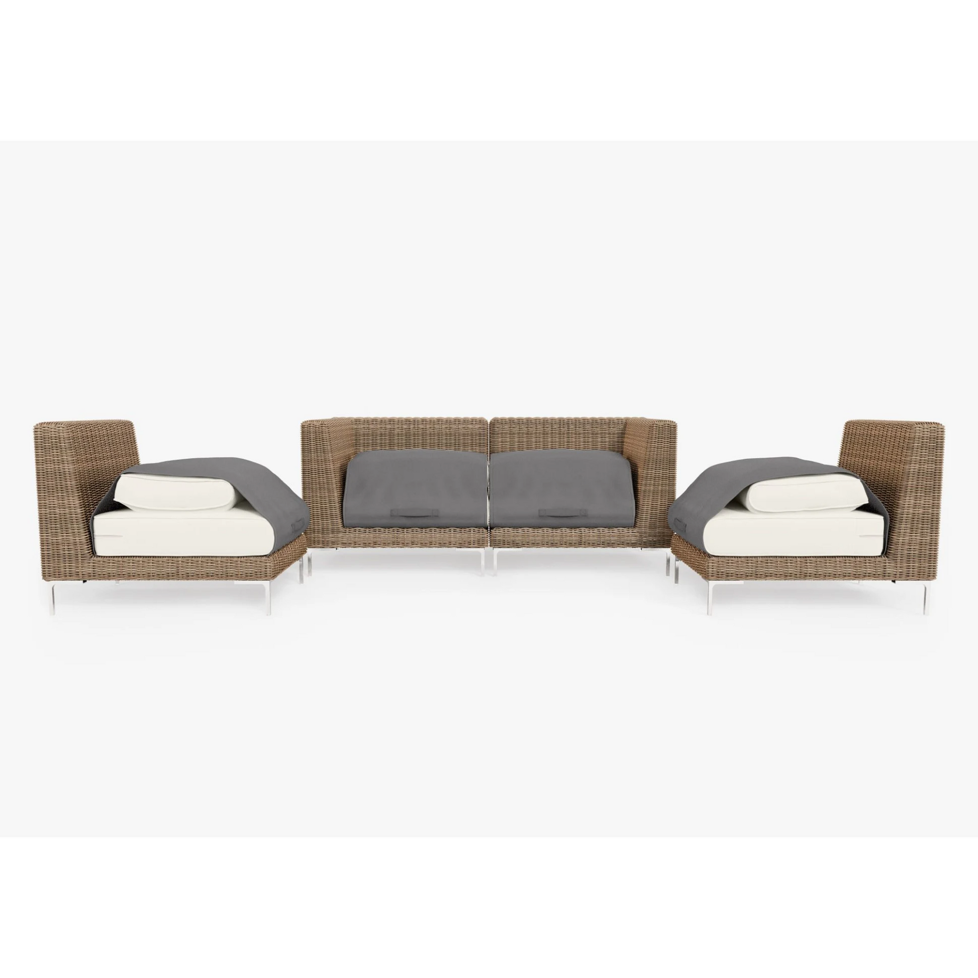 Live Outer 74" Brown Wicker Outdoor Loveseat With Armless Chairs & Palisades Cream Cushion (4-Seat)
