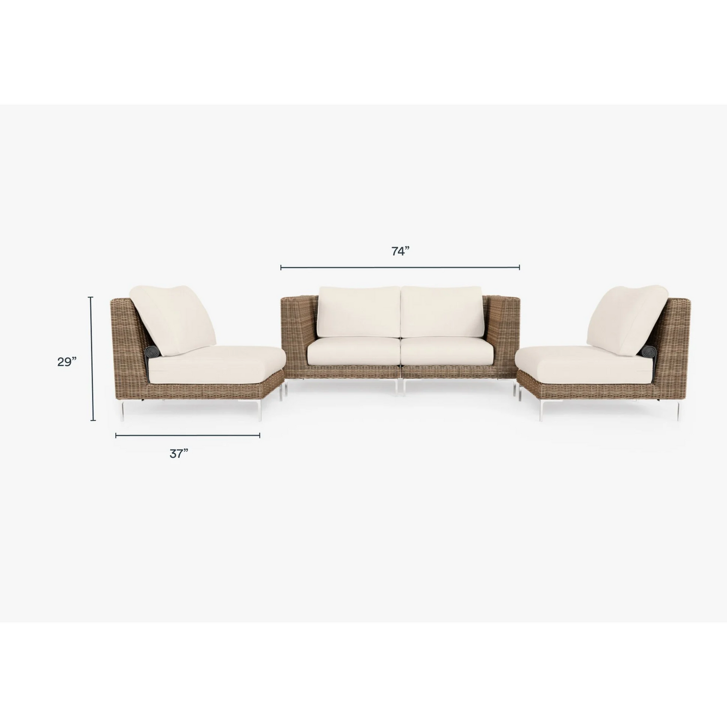 Live Outer 74" Brown Wicker Outdoor Loveseat With Armless Chairs & Palisades Cream Cushion (4-Seat)