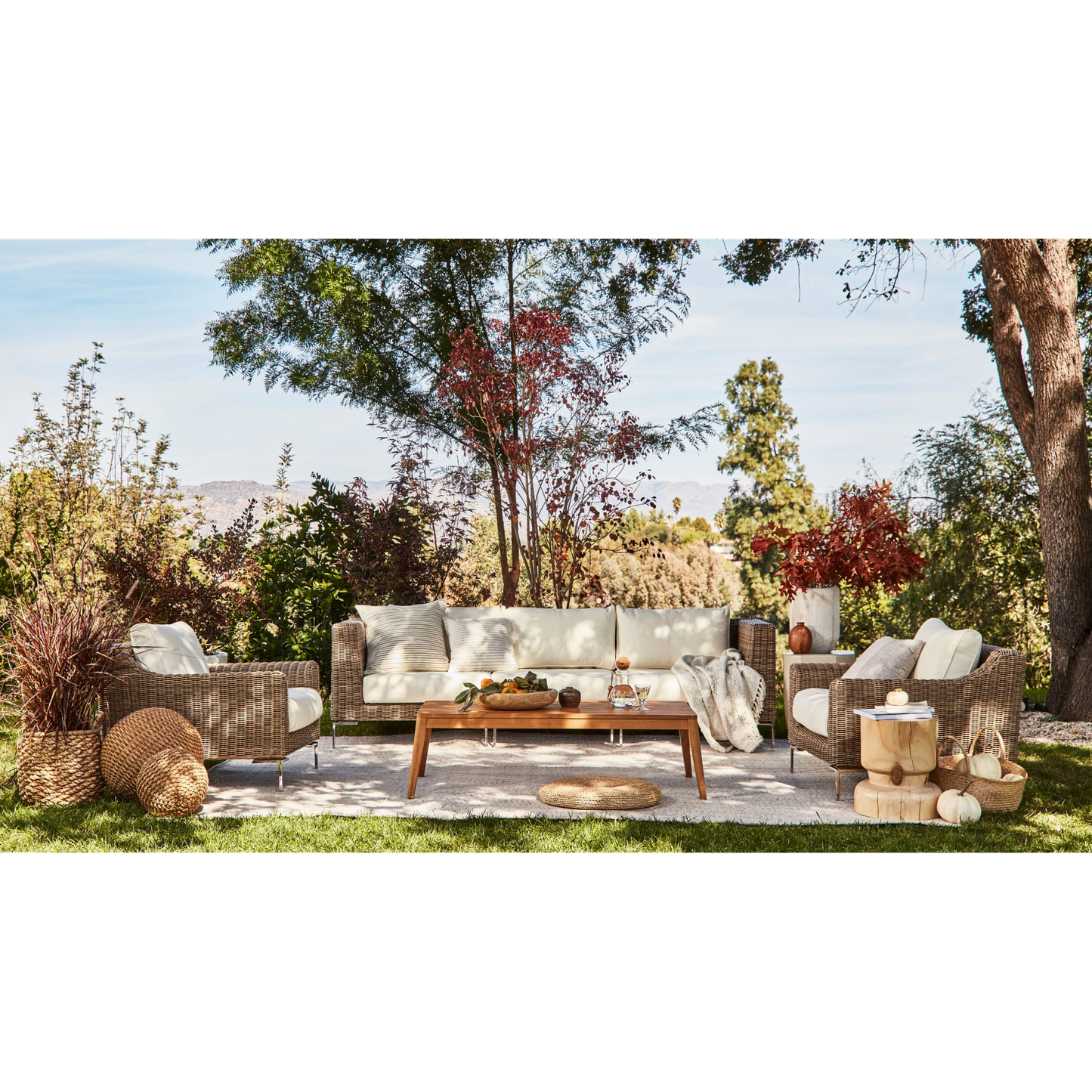 Live Outer 74" Brown Wicker Outdoor Loveseat With Armless Chairs & Palisades Cream Cushion (4-Seat)