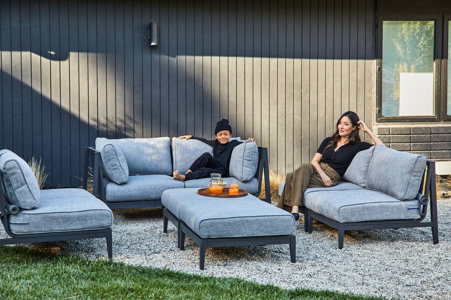 Live Outer 98" Charcoal Aluminum Outdoor Sofa With Armless Chairs and Pacific Fog Gray Cushion (5-Seat)