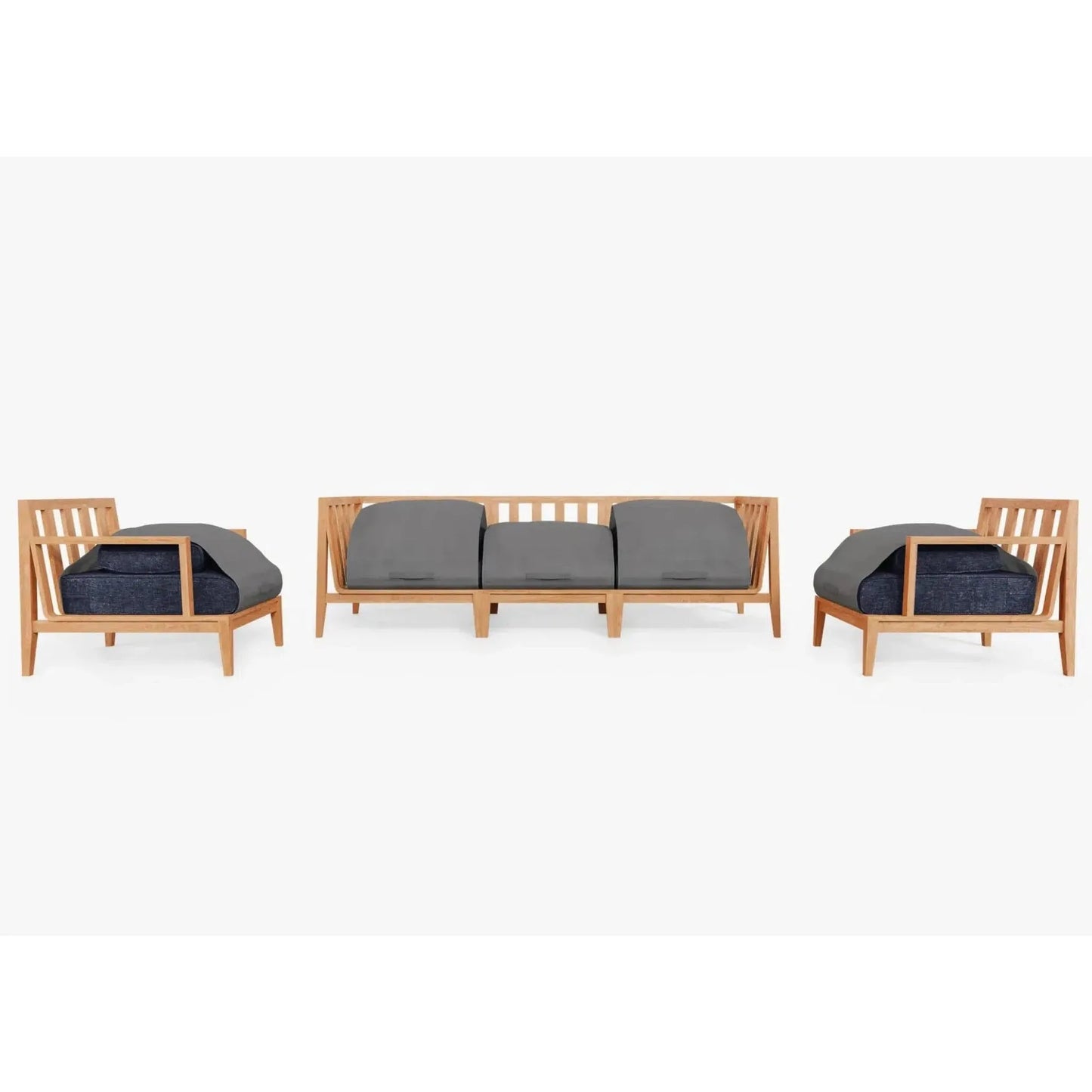Live Outer 98" Teak Outdoor Sofa With Armchairs and Deep Sea Navy Cushion (5-Seat)