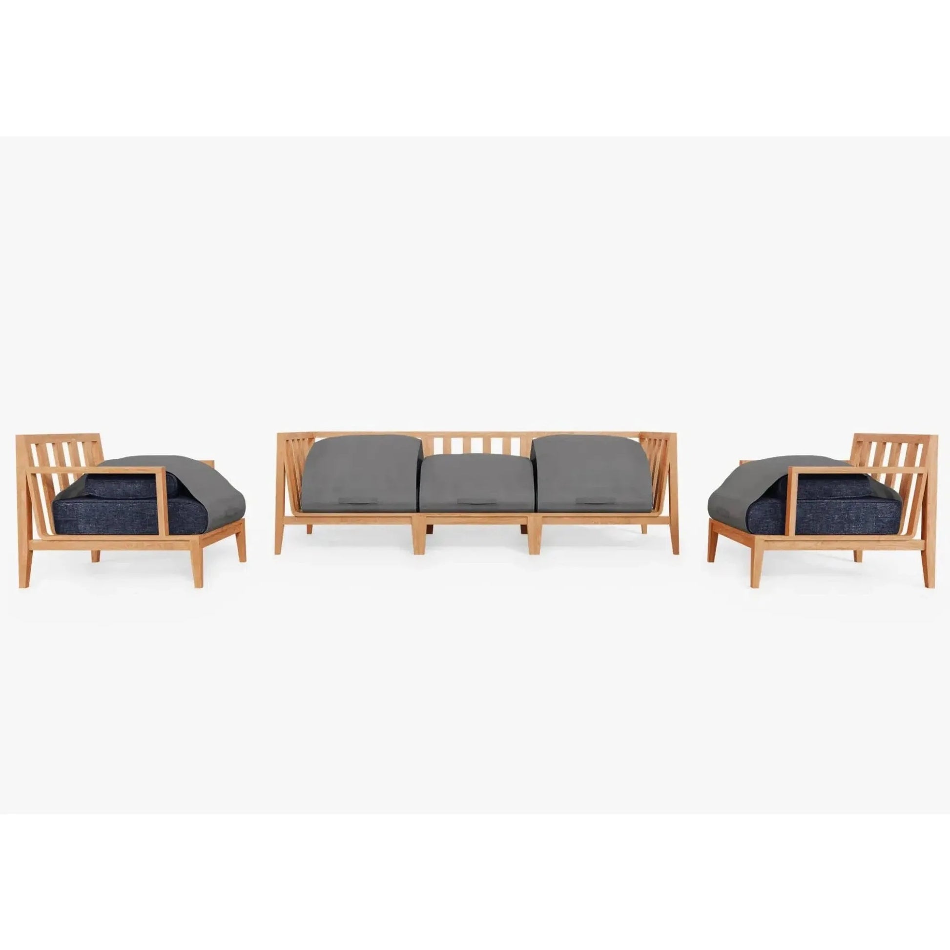 Live Outer 98" Teak Outdoor Sofa With Armchairs and Deep Sea Navy Cushion (5-Seat)