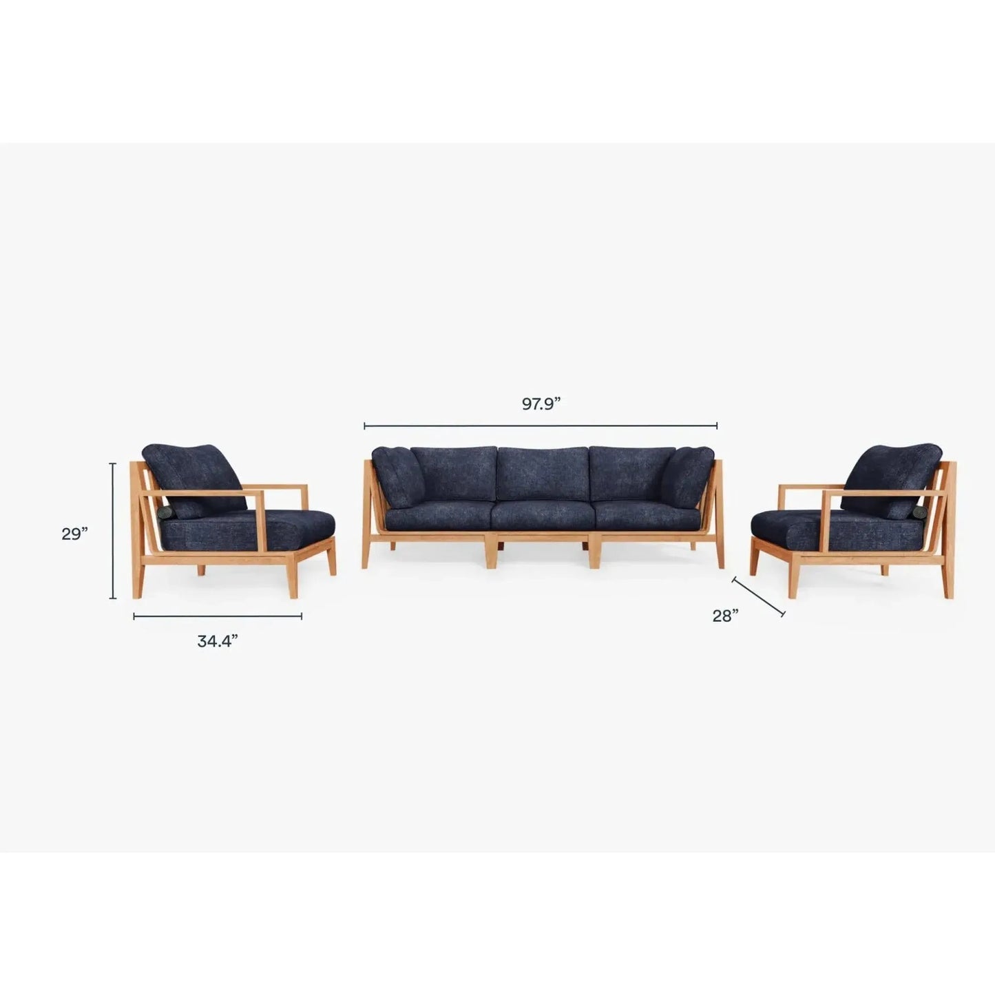 Live Outer 98" Teak Outdoor Sofa With Armchairs and Deep Sea Navy Cushion (5-Seat)