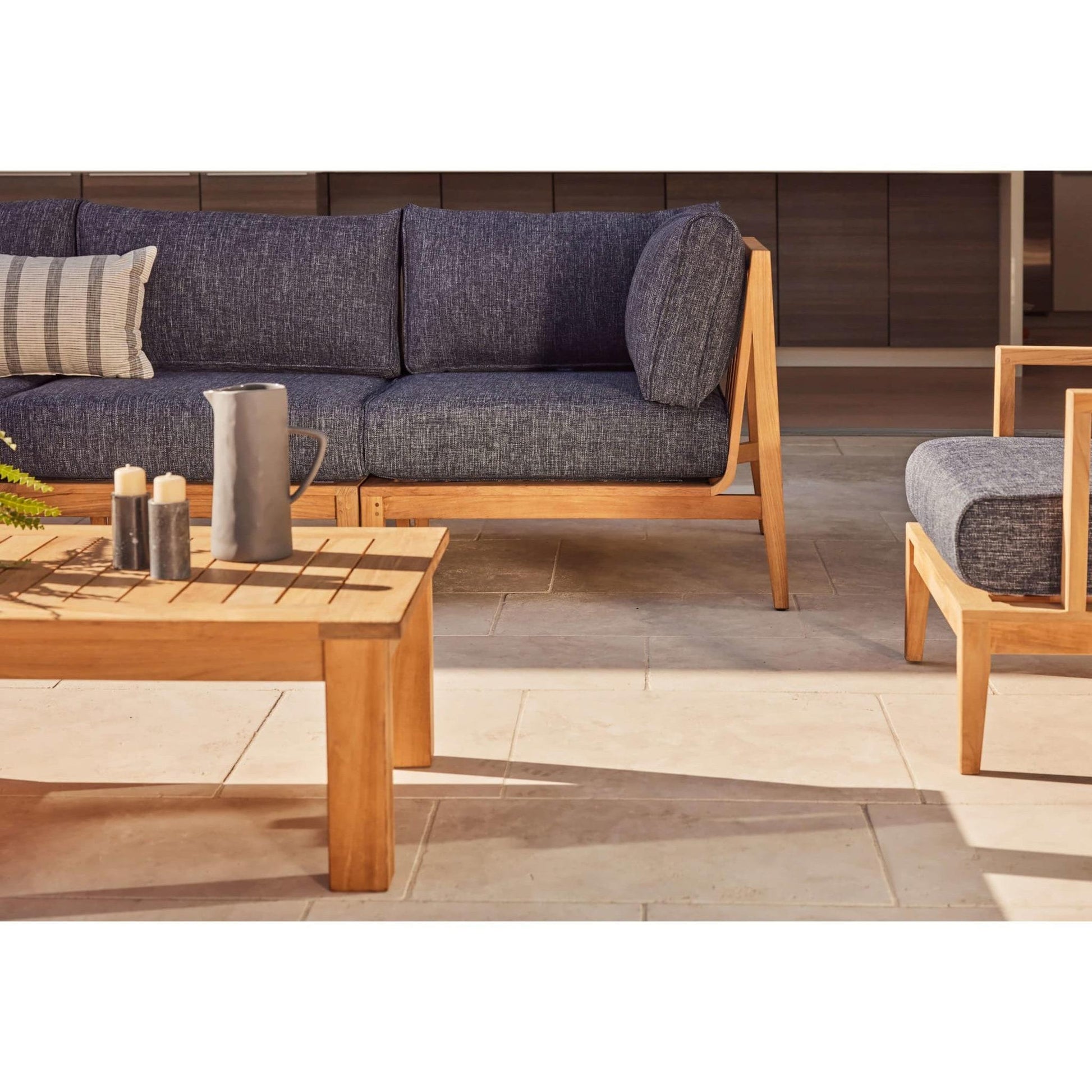 Live Outer 98" Teak Outdoor Sofa With Armchairs and Deep Sea Navy Cushion (5-Seat)