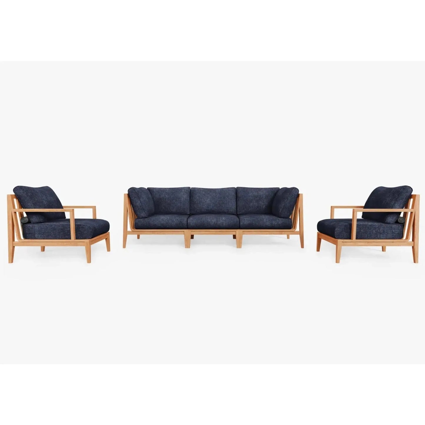 Live Outer 98" Teak Outdoor Sofa With Armchairs and Deep Sea Navy Cushion (5-Seat)