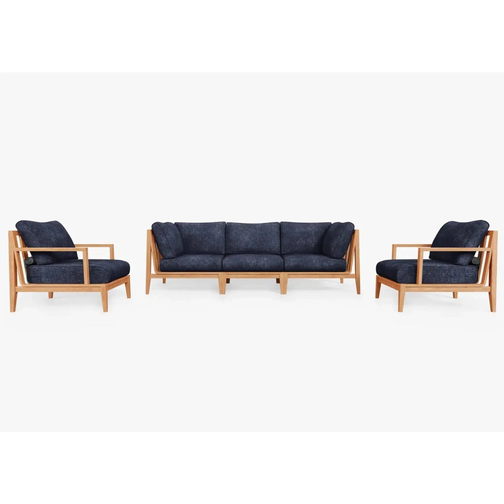 Live Outer 98" Teak Outdoor Sofa With Armchairs and Deep Sea Navy Cushion (5-Seat)