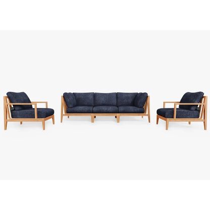 Live Outer 98" Teak Outdoor Sofa With Armchairs and Deep Sea Navy Cushion (5-Seat)