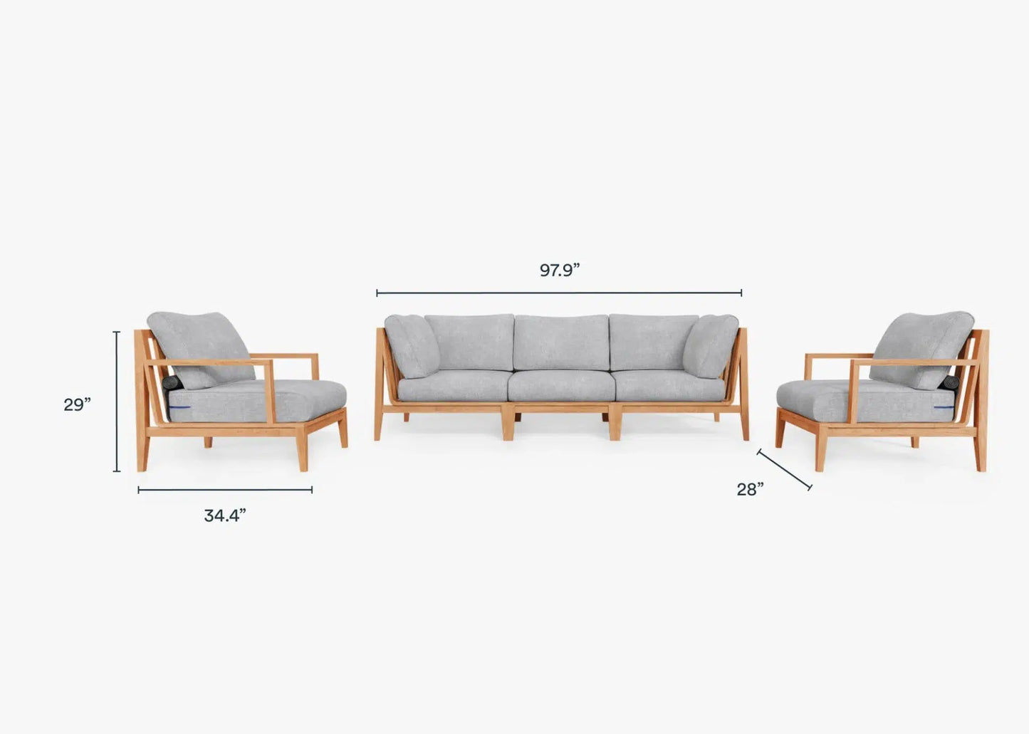 Live Outer 98" Teak Outdoor Sofa With Armchairs and Pacific Fog Gray Cushion (5-Seat)