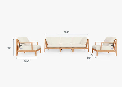 Live Outer 98" Teak Outdoor Sofa With Armchairs and Palisades Cream Cushion (5-Seat)