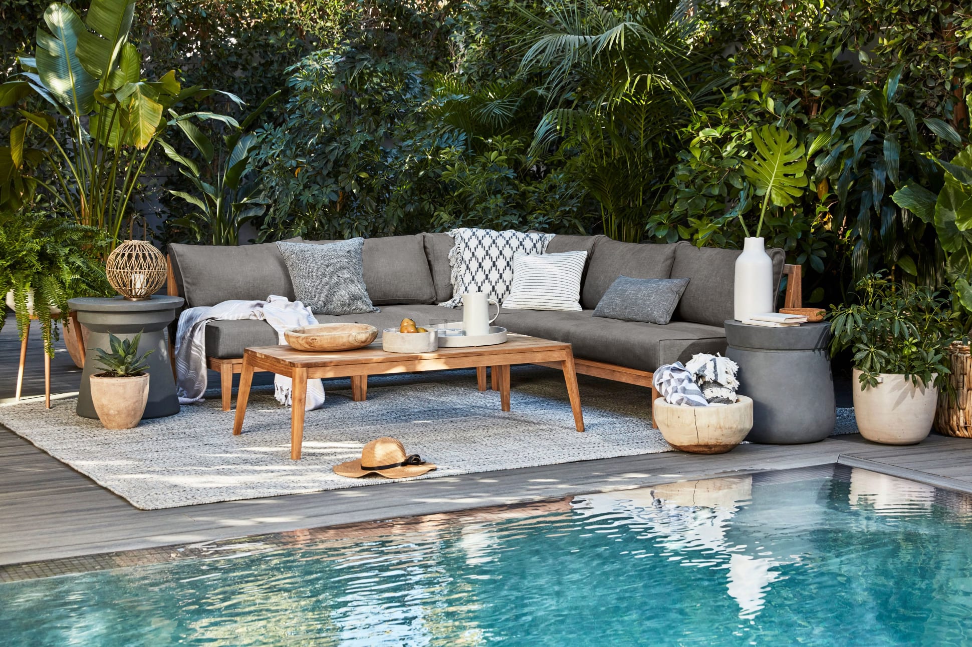 Live Outer 98" Teak Outdoor Sofa With Armless Chairs and Dark Pebble Gray Cushion (5-Seat)