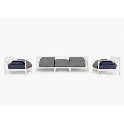 Live Outer 98" White Aluminum Outdoor Sofa With Armchairs and Deep Sea Navy Cushion (5-Seat)