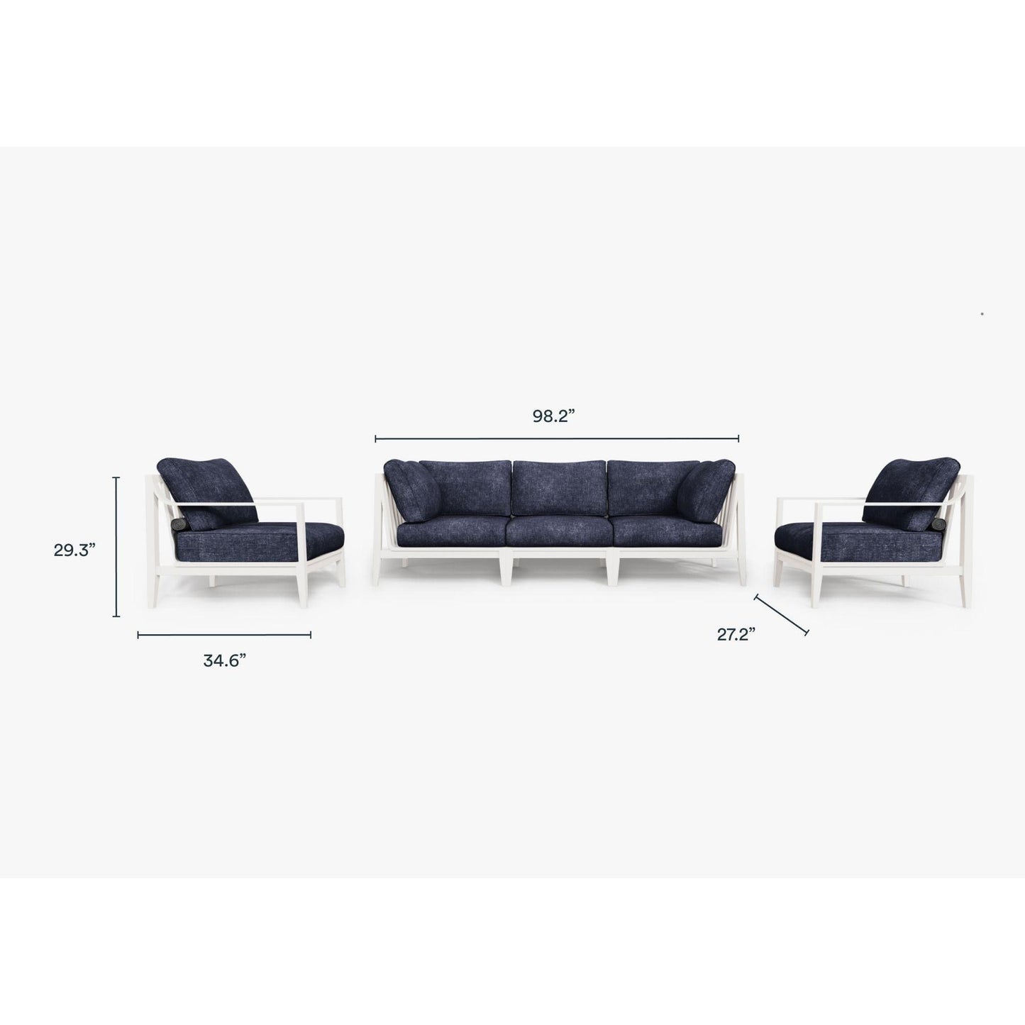 Live Outer 98" White Aluminum Outdoor Sofa With Armchairs and Deep Sea Navy Cushion (5-Seat)