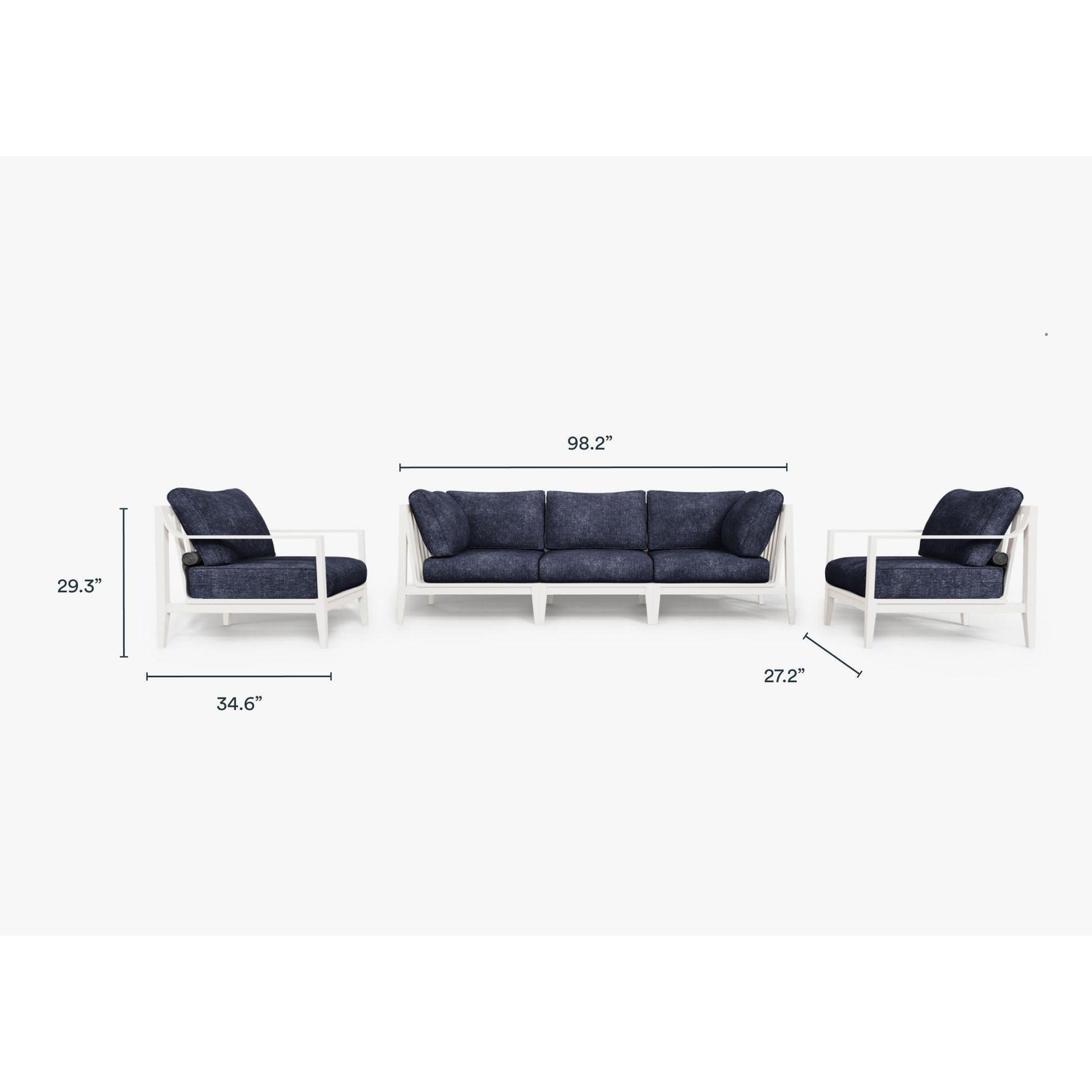 Live Outer 98" White Aluminum Outdoor Sofa With Armchairs and Deep Sea Navy Cushion (5-Seat)