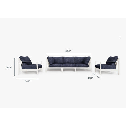 Live Outer 98" White Aluminum Outdoor Sofa With Armchairs and Deep Sea Navy Cushion (5-Seat)