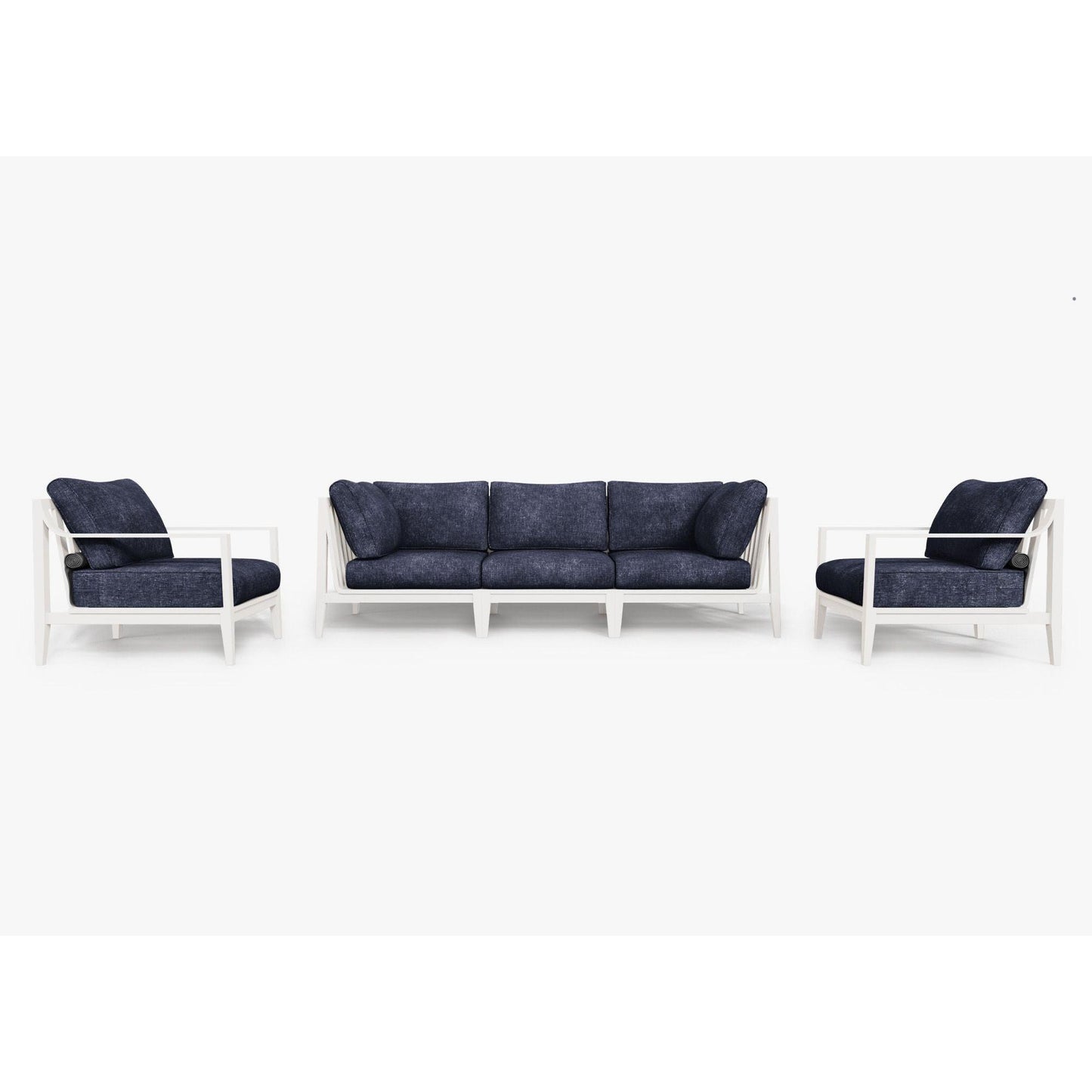 Live Outer 98" White Aluminum Outdoor Sofa With Armchairs and Deep Sea Navy Cushion (5-Seat)