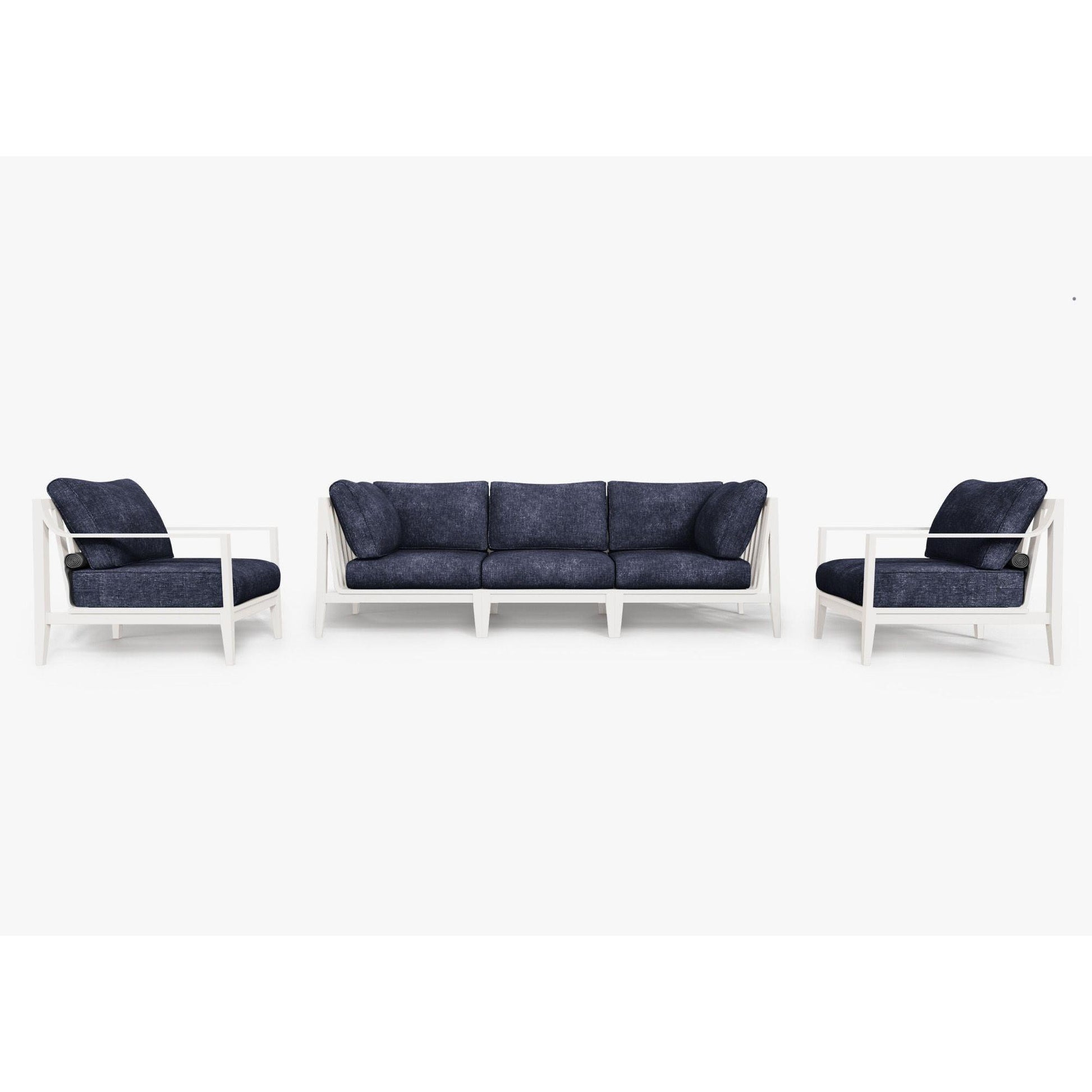 Live Outer 98" White Aluminum Outdoor Sofa With Armchairs and Deep Sea Navy Cushion (5-Seat)