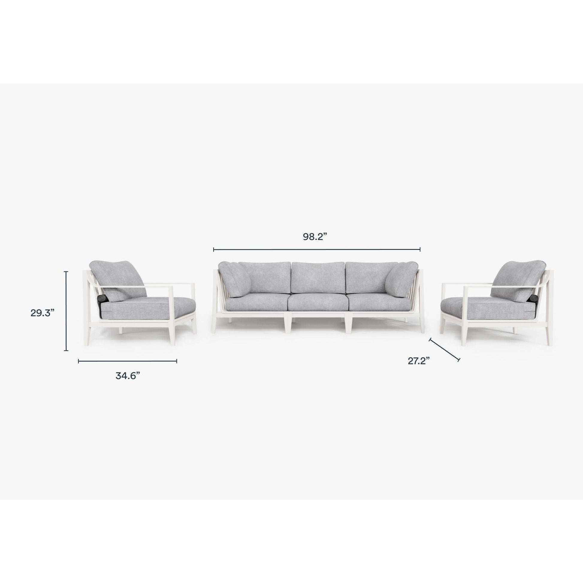 Live Outer 98" White Aluminum Outdoor Sofa With Armchairs and Pacific Fog Gray Cushion (5-Seat)