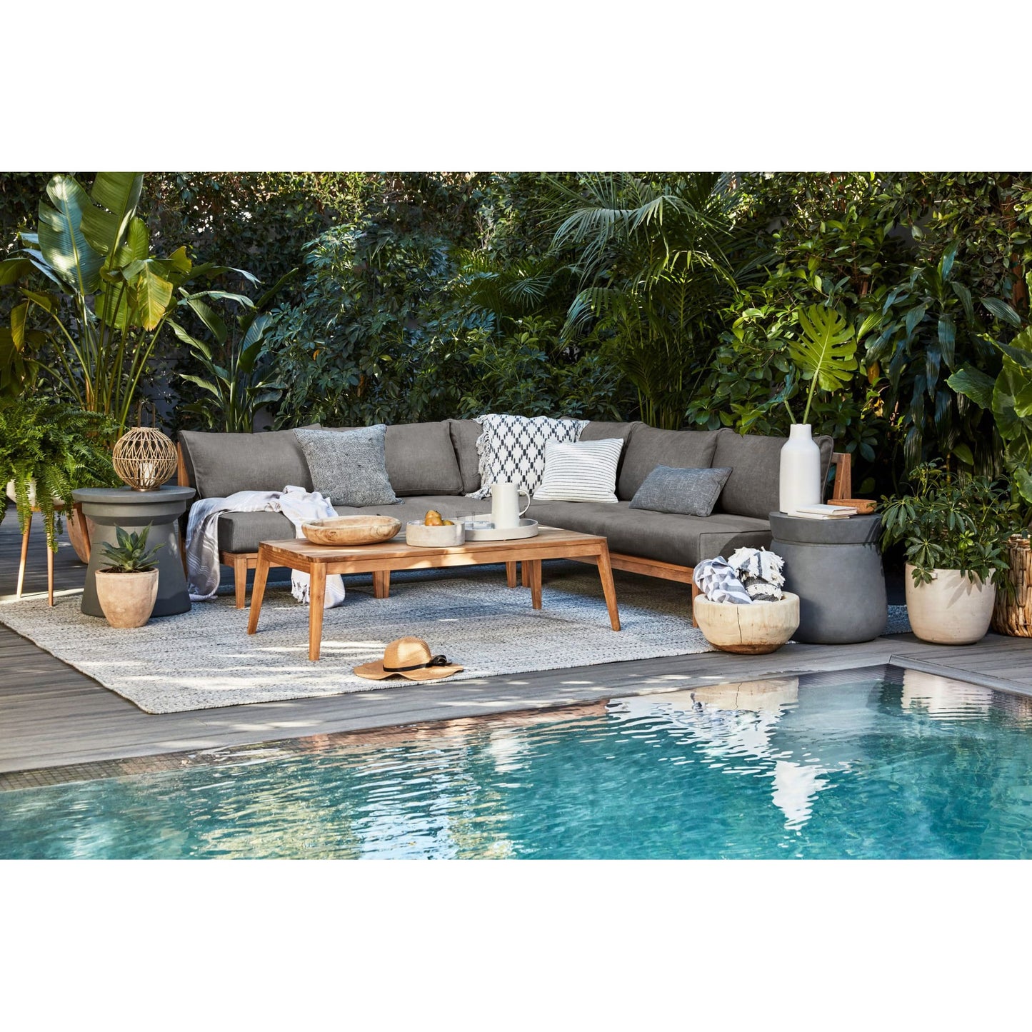 Live Outer 98" x 64" Teak Outdoor L Shape Sectional 4-Seat With Dark Pebble Gray Cushion