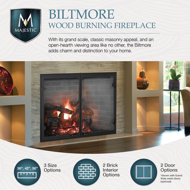 Majestic Biltmore 36" Radiant Traditional Wood Burning Fireplace With Herringbone Brick Pattern