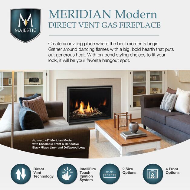 Majestic Meridian Modern 42" Traditional/Contemporary Top Direct Vent Natural Gas Fireplace With IntelliFire Touch ignition System