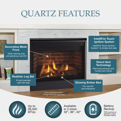 Majestic Quartz 36" Traditional Top/Rear Direct Vent Natural Gas Fireplace With IntelliFire Touch Ignition System